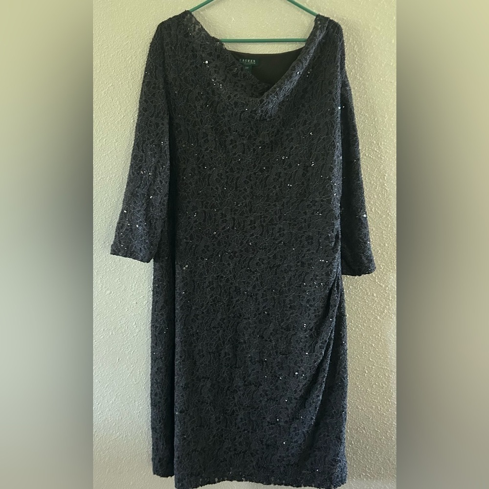 Lauren by Ralph Lauren Black cowl neck  Sequin and Floral Lace Dress size 22W